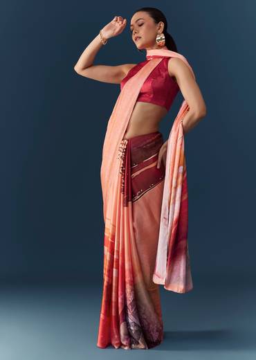 Peach Printed Saree with Blouse Fabric