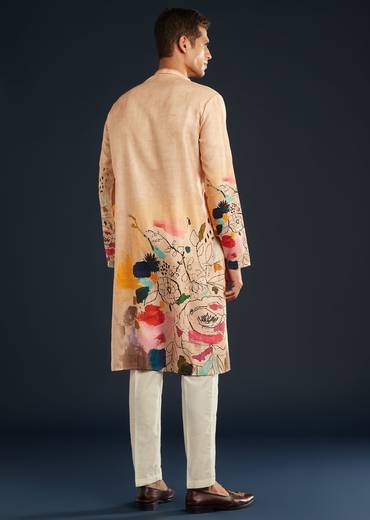 Peach Printed Silk Kurta Set