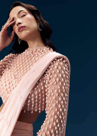 Peach Ready Pleated Saree with Blouse