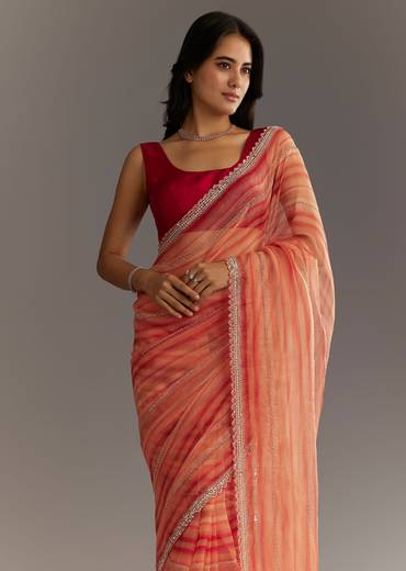 Peach Red Shaded Tissue Saree With Cutwork Scallop Border