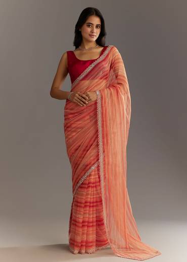 Peach Red Shaded Tissue Saree With Cutwork Scallop Border