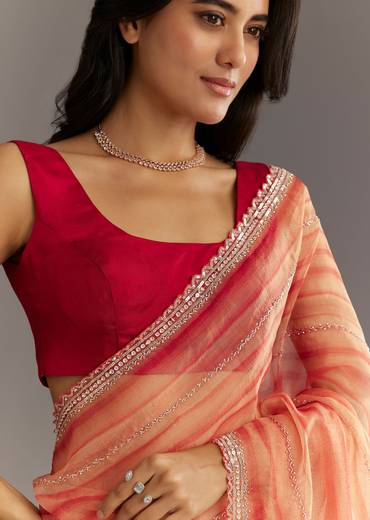 Peach Red Shaded Tissue Saree With Cutwork Scallop Border