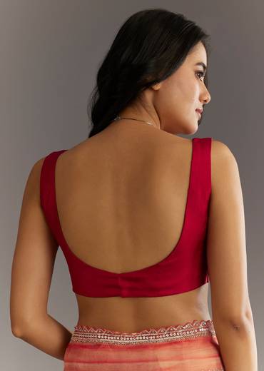 Peach Red Shaded Tissue Saree With Cutwork Scallop Border