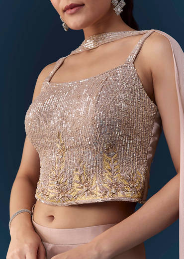 Peach Satin Sequin Work Crop Top Set with Dupatta