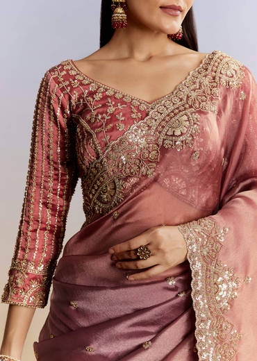 Peach Shaded Tissue Saree With Heavy Embroidered Blouse