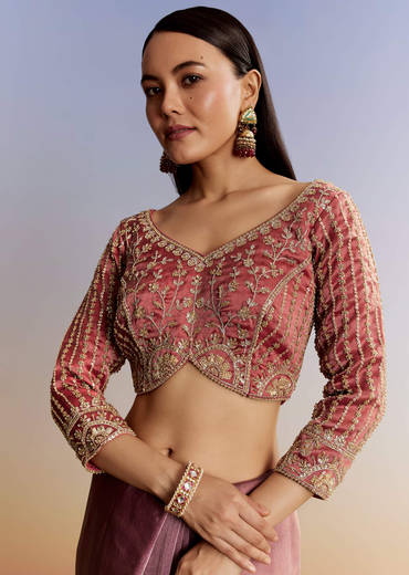 Peach Shaded Tissue Saree With Heavy Embroidered Blouse