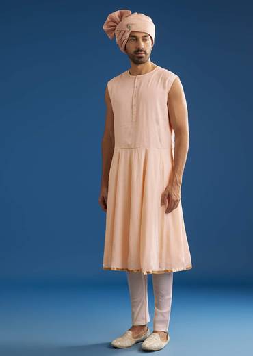 Peach Silk Groom Sherwani Set With Zardosi Embroidery