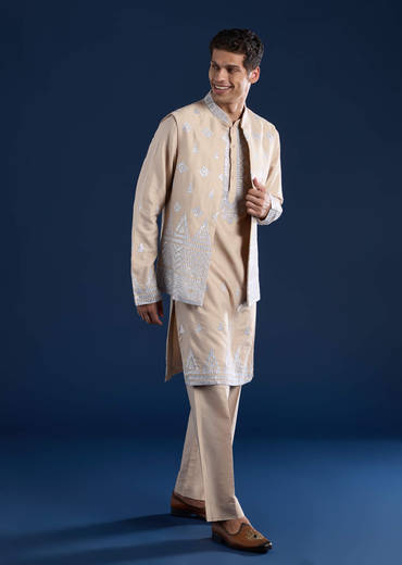 Peach Silk Jacket Kurta Set with Zari Work