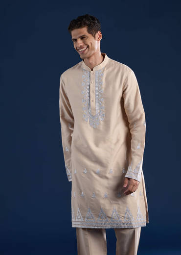 Peach Silk Jacket Kurta Set with Zari Work