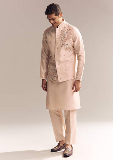 Peach Silk Kurta Jacket Set For Men With Heavy Embroidery