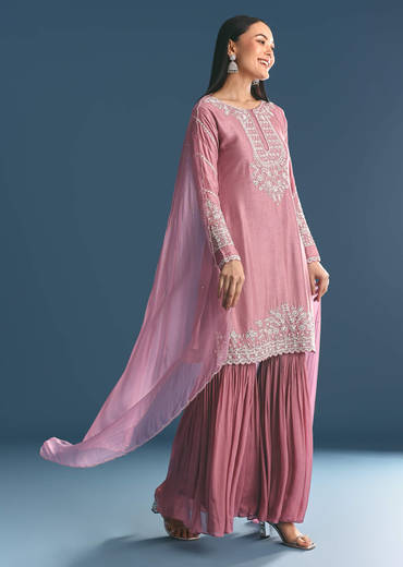 Onion pink Silk Kurta Sharara Suit With Moti Cutdana Work
