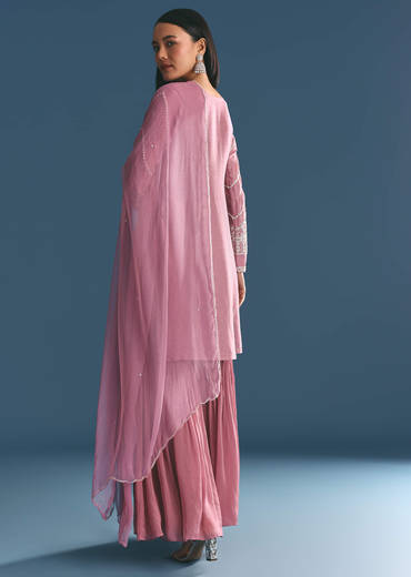 Onion pink Silk Kurta Sharara Suit With Moti Cutdana Work