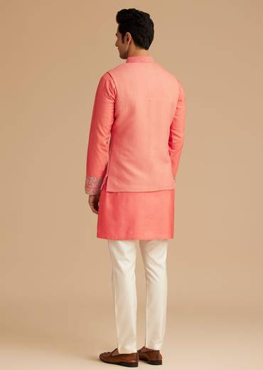 Peach Silk Kurta With Embroidered Jacket