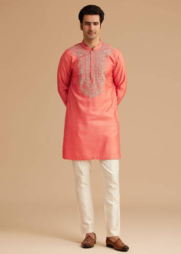 Peach Silk Kurta With Embroidered Jacket