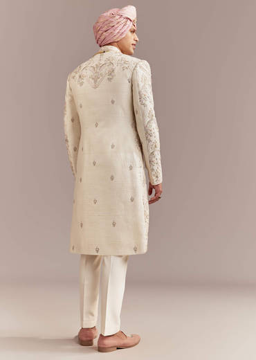 Peach Silk Sherwani For Groom With Pastel Floral Embroidery