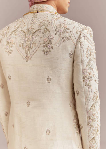 Peach Silk Sherwani For Groom With Pastel Floral Embroidery