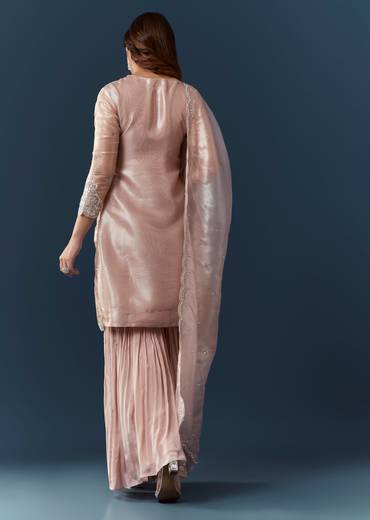 Peach Silver Work Tissue Kurta Sharara Set