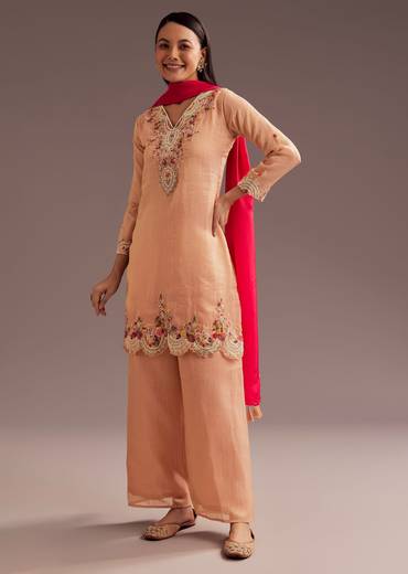 Peach Thread Moti Kurta Palazzo Dupatta Set
