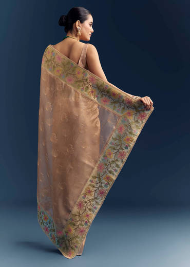 Peach Tissue Chanderi Silk Saree With Floral Resham Work