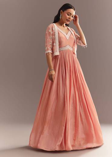 Peach Tissue Gown With Embroidered Jacket
