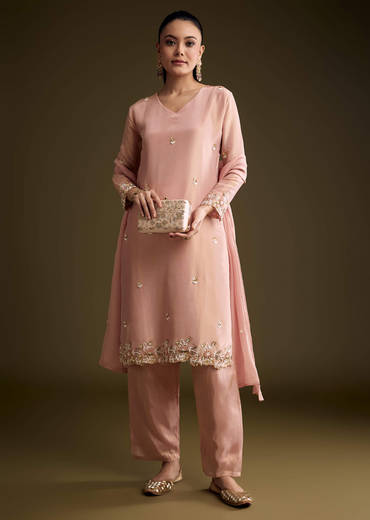 Peach Tissue Kurta Set With Sequins And Moti Embroidery