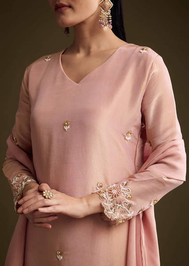 Peach Tissue Kurta Set With Sequins And Moti Embroidery