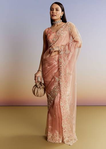 Peach Tissue Saree With Floral Moti And Cutdana Embroidery