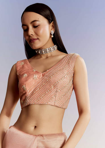 Peach Tissue Saree With Floral Moti And Cutdana Embroidery