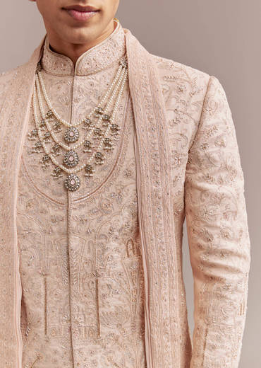 Peach Tissue Sherwani For Groom With Tonal Embroidery