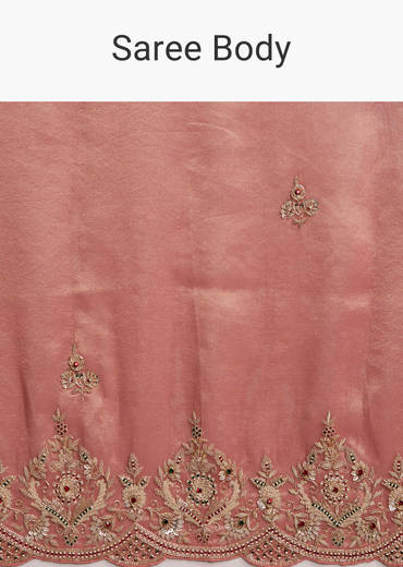 Peach Tissue Silk Saree With Heavy Hand Embroidery