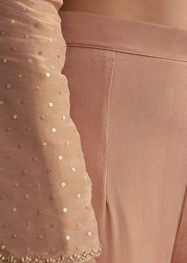 Peach Zardosi Moti Kurta And Cutdana Scallop Bordered Dupatta