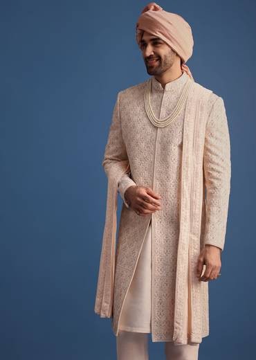 Peach Heavy Hand Embroidered Sherwani Suit