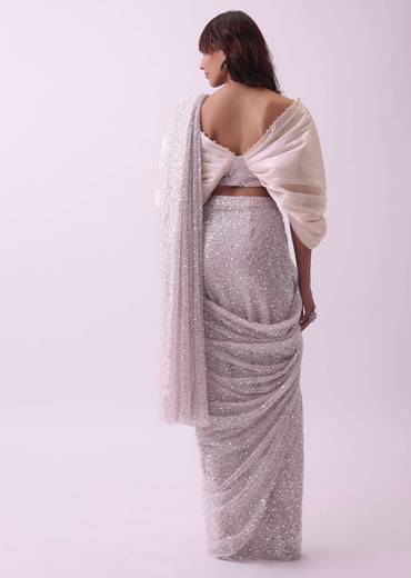 Peach Pink Pre Stitched Saree And Blouse With Pearl Embroidery