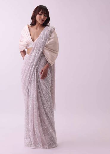 Peach Pink Pre Stitched Saree And Blouse With Pearl Embroidery