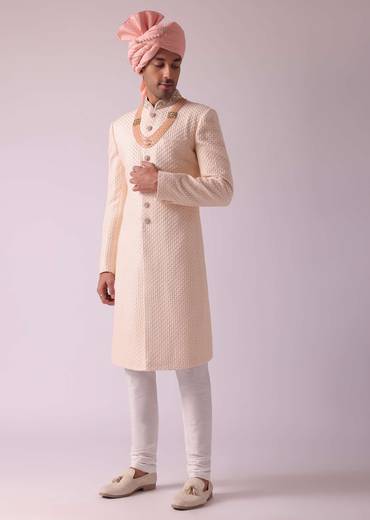 Peach Pink Silk Sherwani With Thread Embroidery