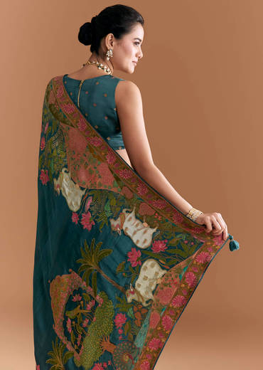 Peacock Blue Dola Silk Saree With Pichwai Weave And Embroidery