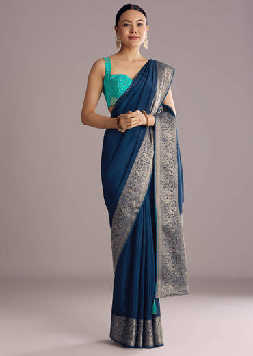 Peacock Blue Dola Silk Saree With Woven Border And Pallu