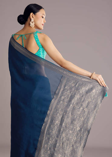 Peacock Blue Dola Silk Saree With Woven Border And Pallu