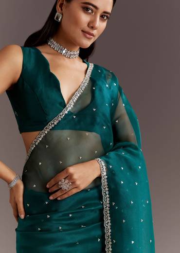 Teal Green Glass Tissue Saree With Cutdana And Sequins Scallop Border