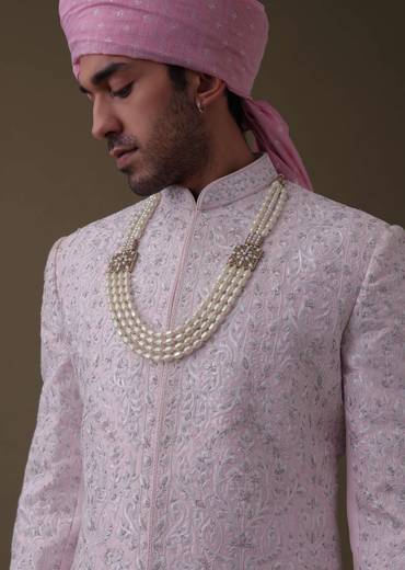 Petal Pink Sherwani Set In Tussar With Moti Work