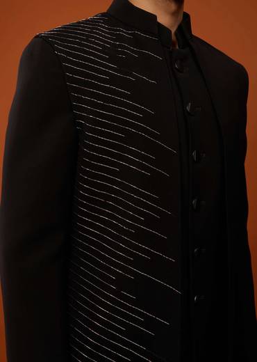 Phantom Black Indo-Western Sherwani Set Embroidered In Imported Suiting Fabric