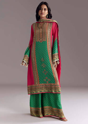 Pink And Green Printed Kurta Palazzo Set