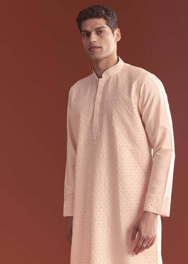 Pink Banarasi Silk Kurta Set For Men With Intricate Hand Work