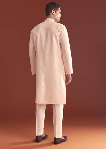 Pink Banarasi Silk Kurta Set For Men With Intricate Hand Work