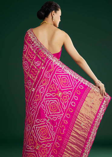Pink Bandhani Saree With Gota Work