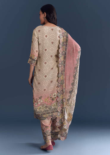 Pink Beige Ombre Crepe Kurta Set With Floral Print