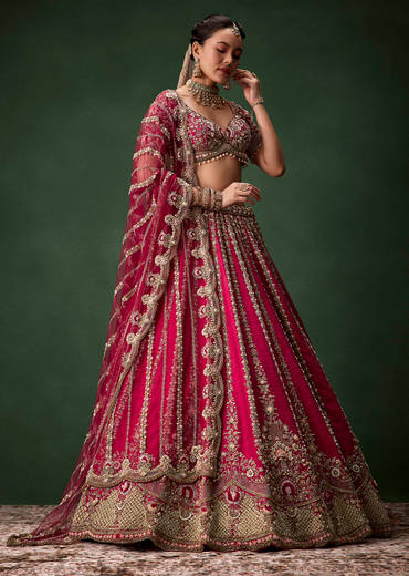 Pink Bridal Raw Silk Zardozi Lehenga Set with Two Dupattas