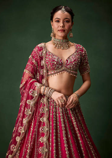 Pink Bridal Raw Silk Zardozi Lehenga Set with Two Dupattas