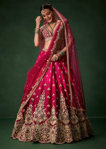 Pink Bridal Silk Lehenga Set with  Two Dupattas