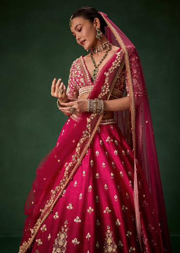 Pink Bridal Silk Lehenga Set with  Two Dupattas